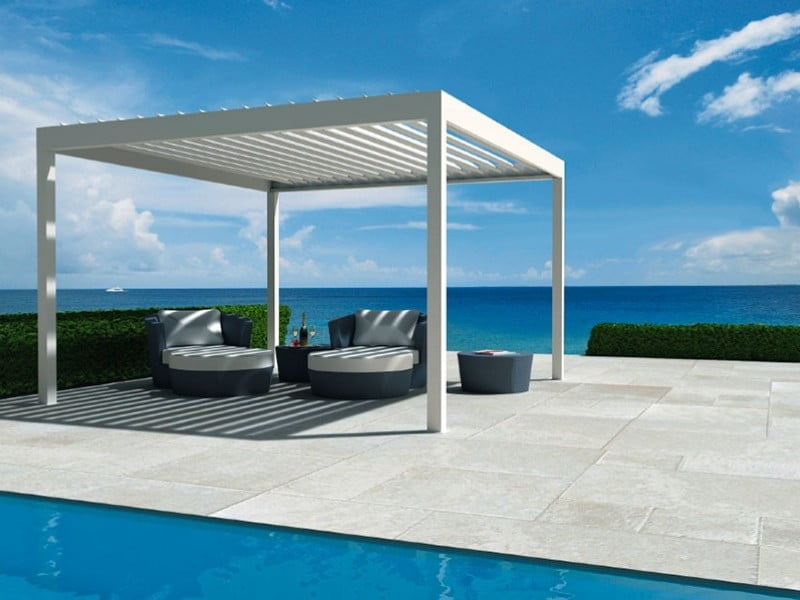 white pergola with openable cover