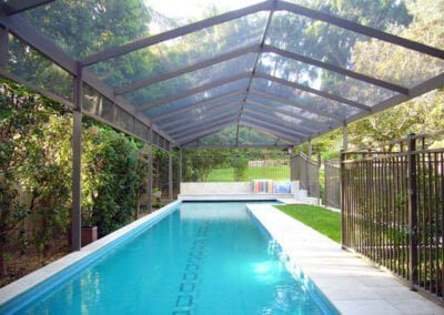 Swimming pool enclosure, motorised blinds, openable roof